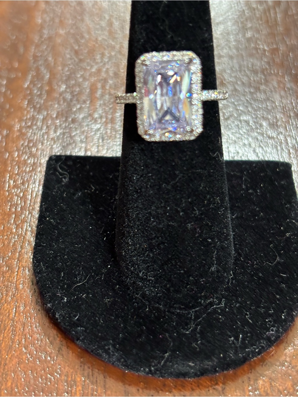 Sparkling Clear Emerald-Cut Halo Ring in Silver Tone. Size 6. - Picture 3 of 15
